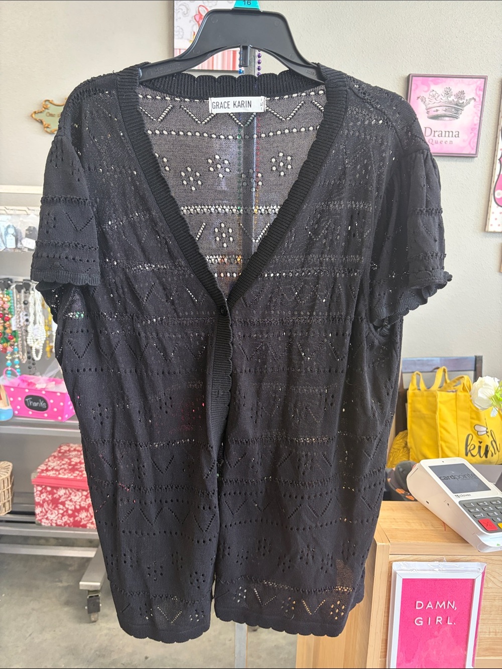 Grace Karin Black Short-Sleeve Openwork Cardigan